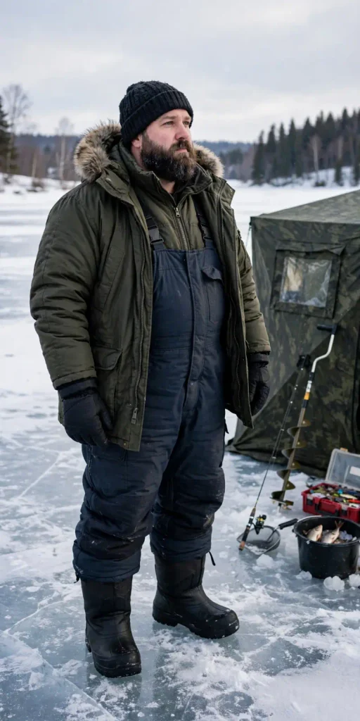 Open Olive Parka Over Deep Navy Overalls