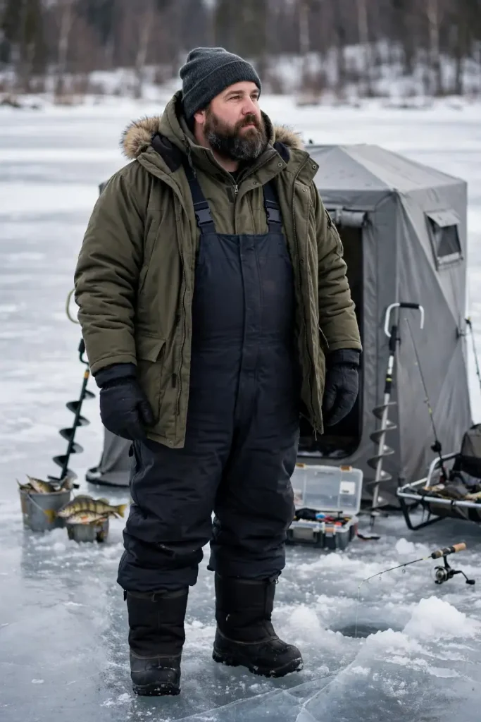 Open Parka Over Dark Bibs