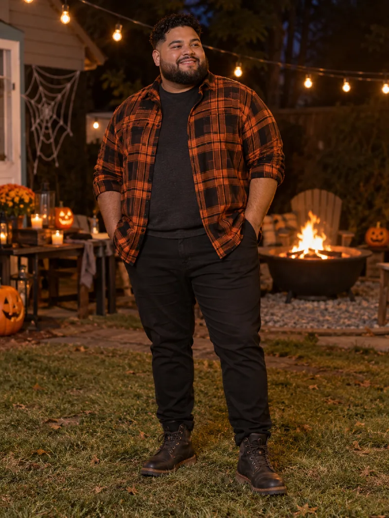 Orange Plaid Overshirt With Black Layers and Boots