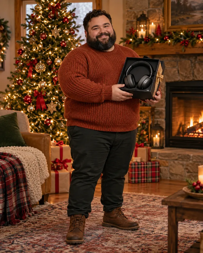 Over-Ear Headphones with Rust Knit Sweater, Black Pants