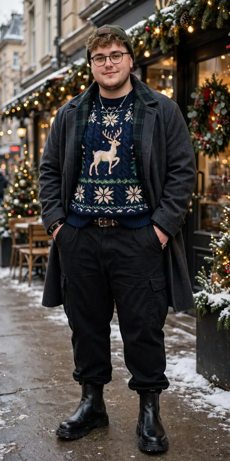 Overcoat, Reindeer Holiday Sweater, Black Cargo Pants, and Chelsea Boots