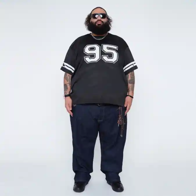 Oversized Mesh Jersey and Relaxed Denim