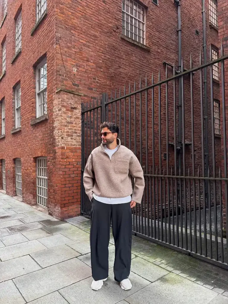 Oversized Quarter-Zip and Wide-Leg Trousers