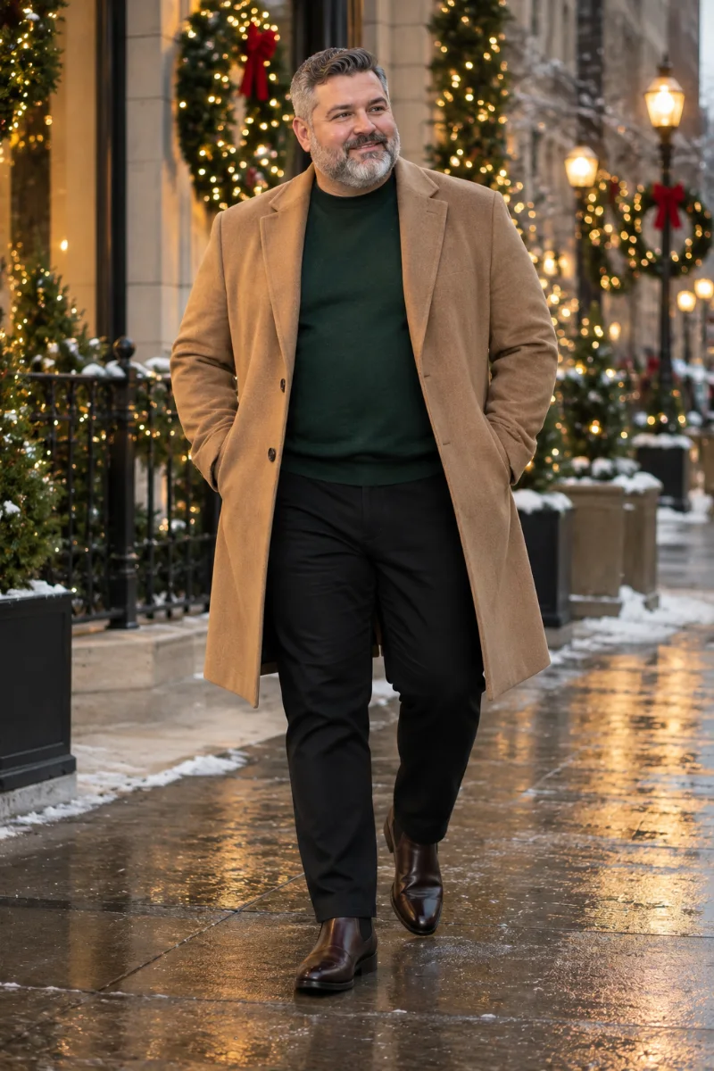 Pair Deep Green Knitwear With a Camel Overcoat