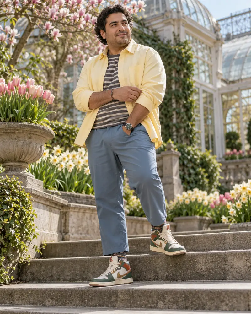 Pale Yellow Overshirt With Earthy High Top Sneakers