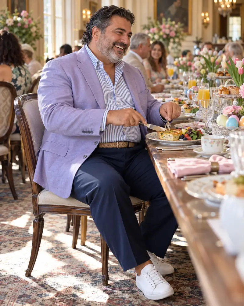 Pastel Linen Blazer and Navy Trousers