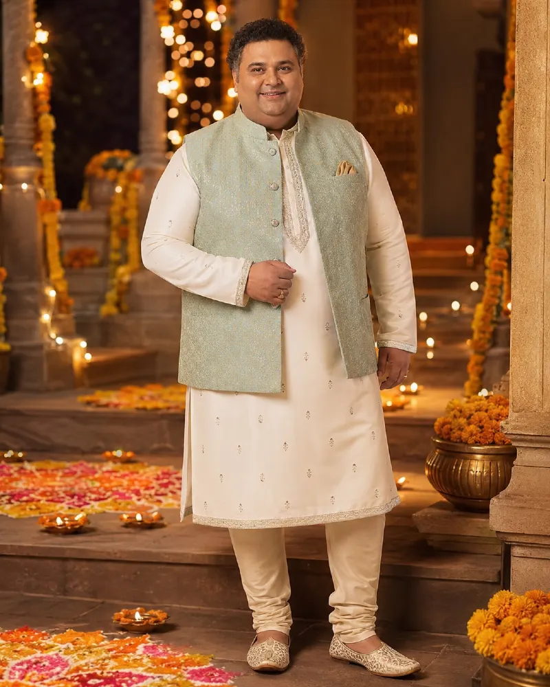Pastel Nehru Jacket with Off-White Kurta Pajama