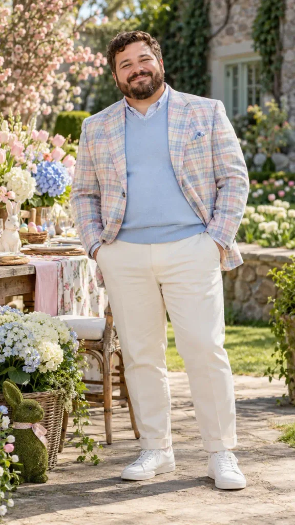 Pastel Plaid Blazer and Blue Sweater Lakeside Look