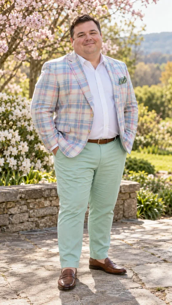 Pastel Plaid Blazer and Mint Trousers Garden Look