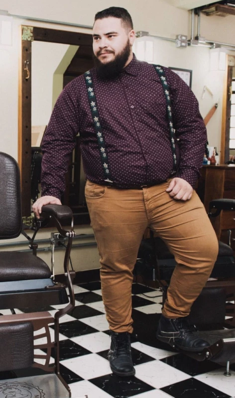 Patterned Button-Down, Camel Pants, and Printed Suspenders