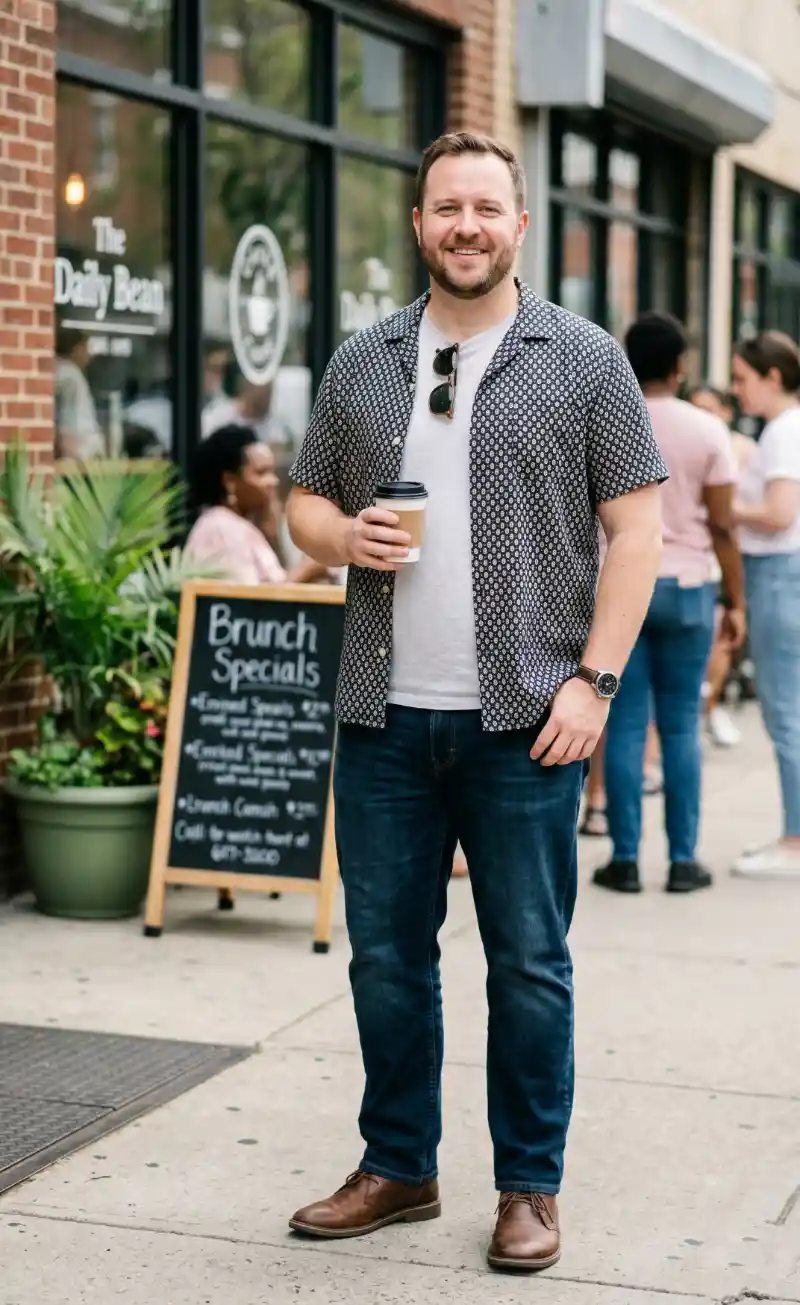 Patterned Button-Down Shirt and Jeans