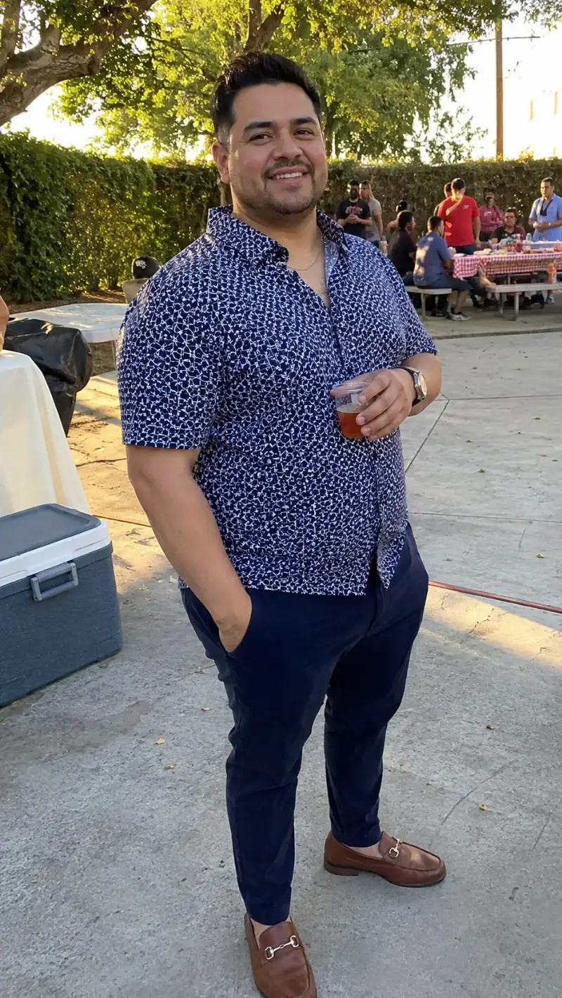 Patterned Button-Down Shirt and Tailored Trousers