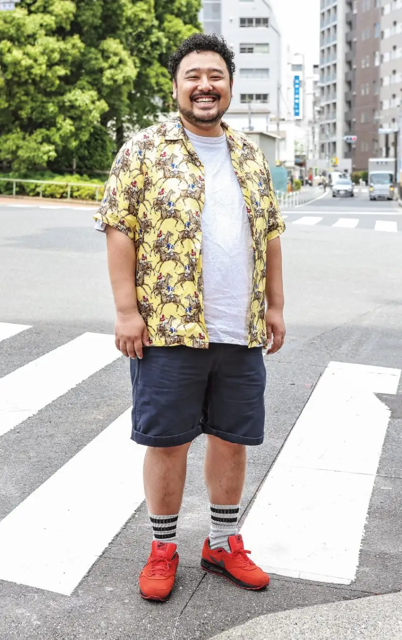 Patterned Button-Up, T-Shirt, and Shorts