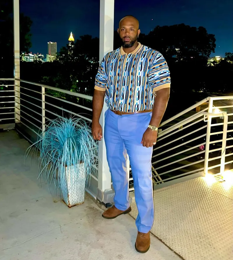 Patterned Knit Polo and Blue Trousers