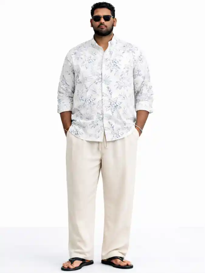 Patterned Linen Blend Shirt & Off-White Drawstring Trousers