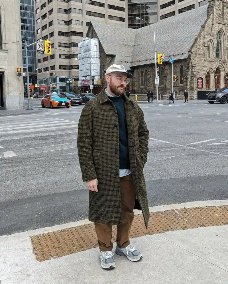 Patterned Long Coat with Crewneck Sweater and Brown Trousers