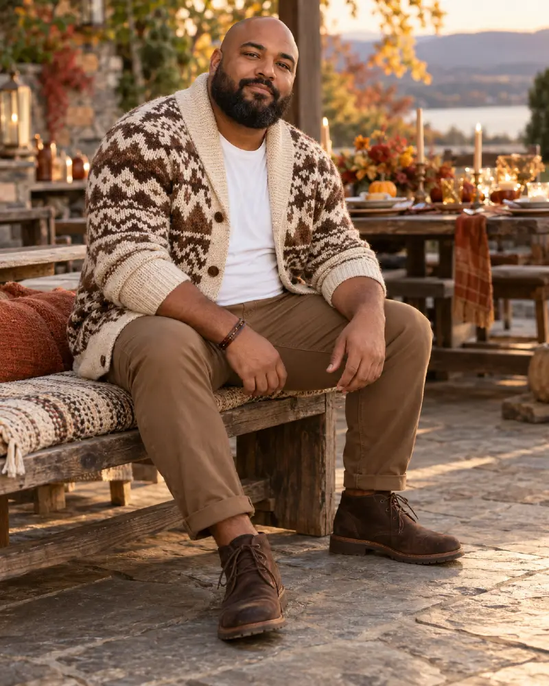 Patterned Shawl Cardigan Over a Classic White Tee