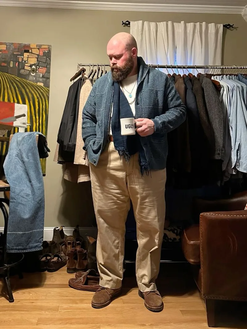 Patterned Shawl Collar Cardigan, T-Shirt, and Khaki Trousers Outfit