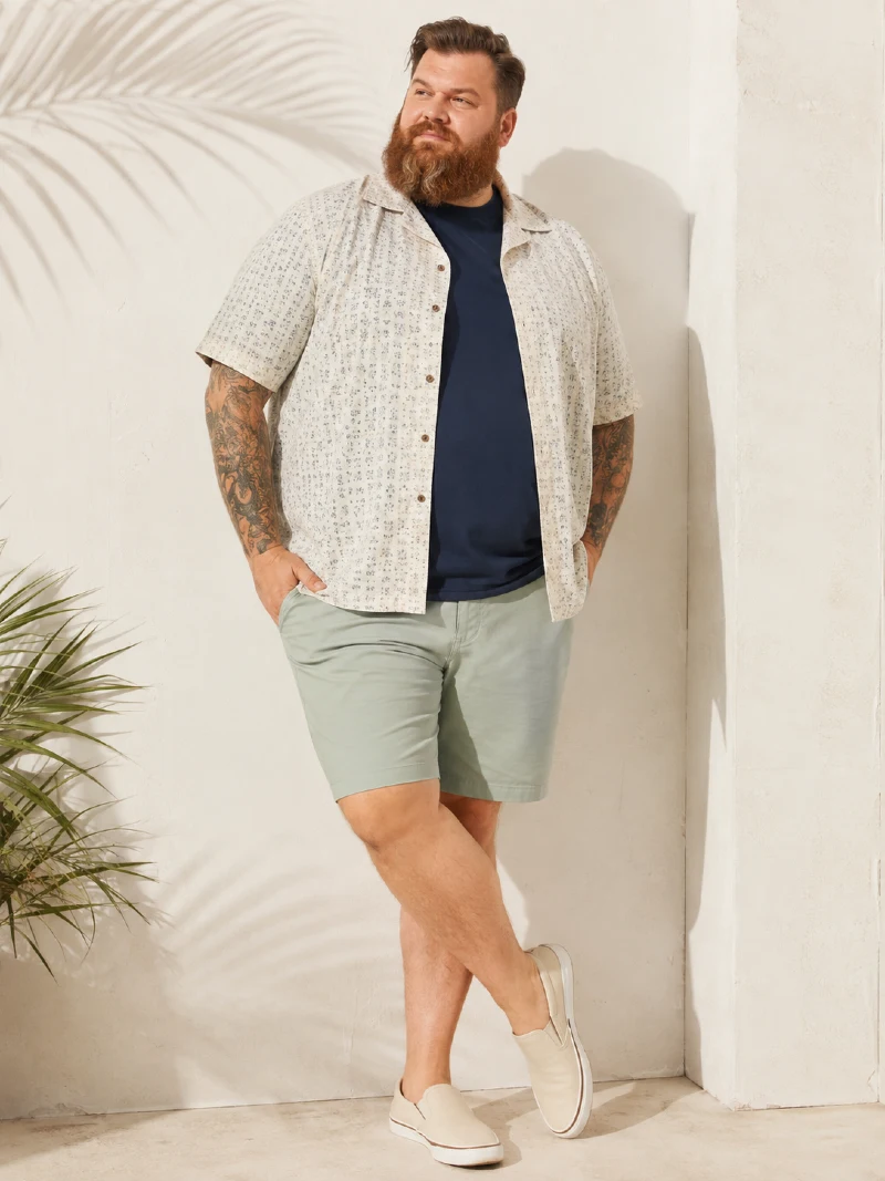 Patterned Short-Sleeve Resort Shirt, Navy T-Shirt, and Sage Green Shorts