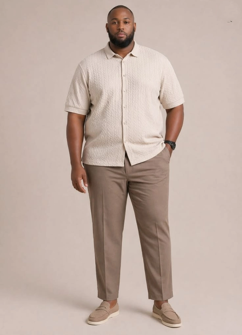 Patterned Short Sleeve Shirt and Tan Trousers Outfit