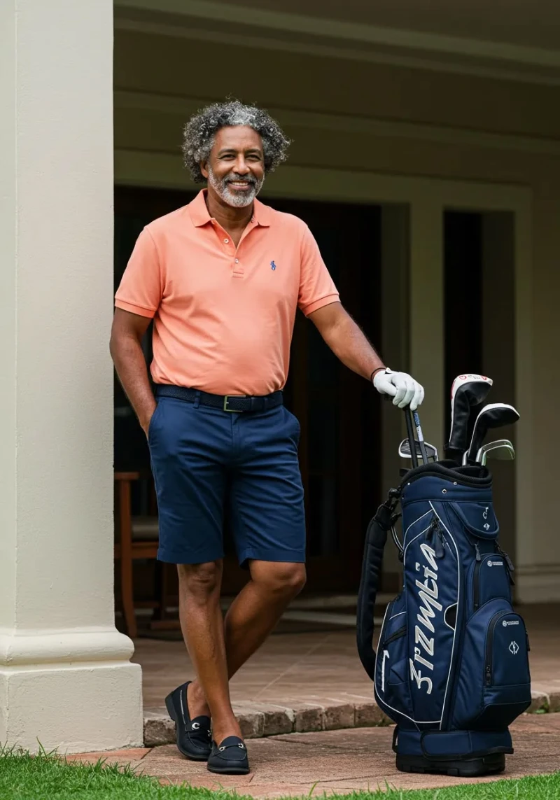 Peach Polo Shirt and Dark Navy Shorts