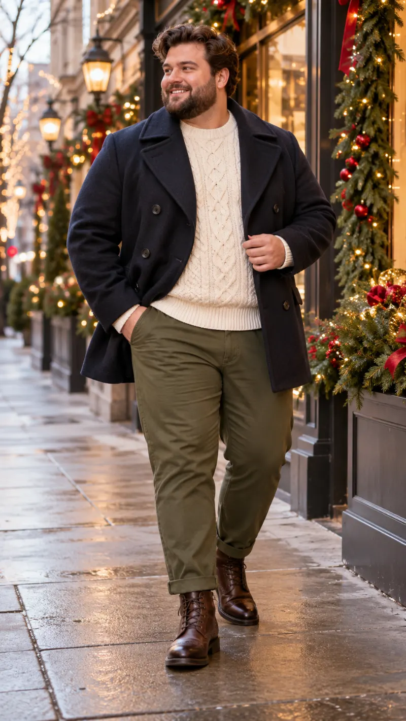 Peacoat, Cable-Knit Sweater, Olive Chinos, and Lace-Up Boots