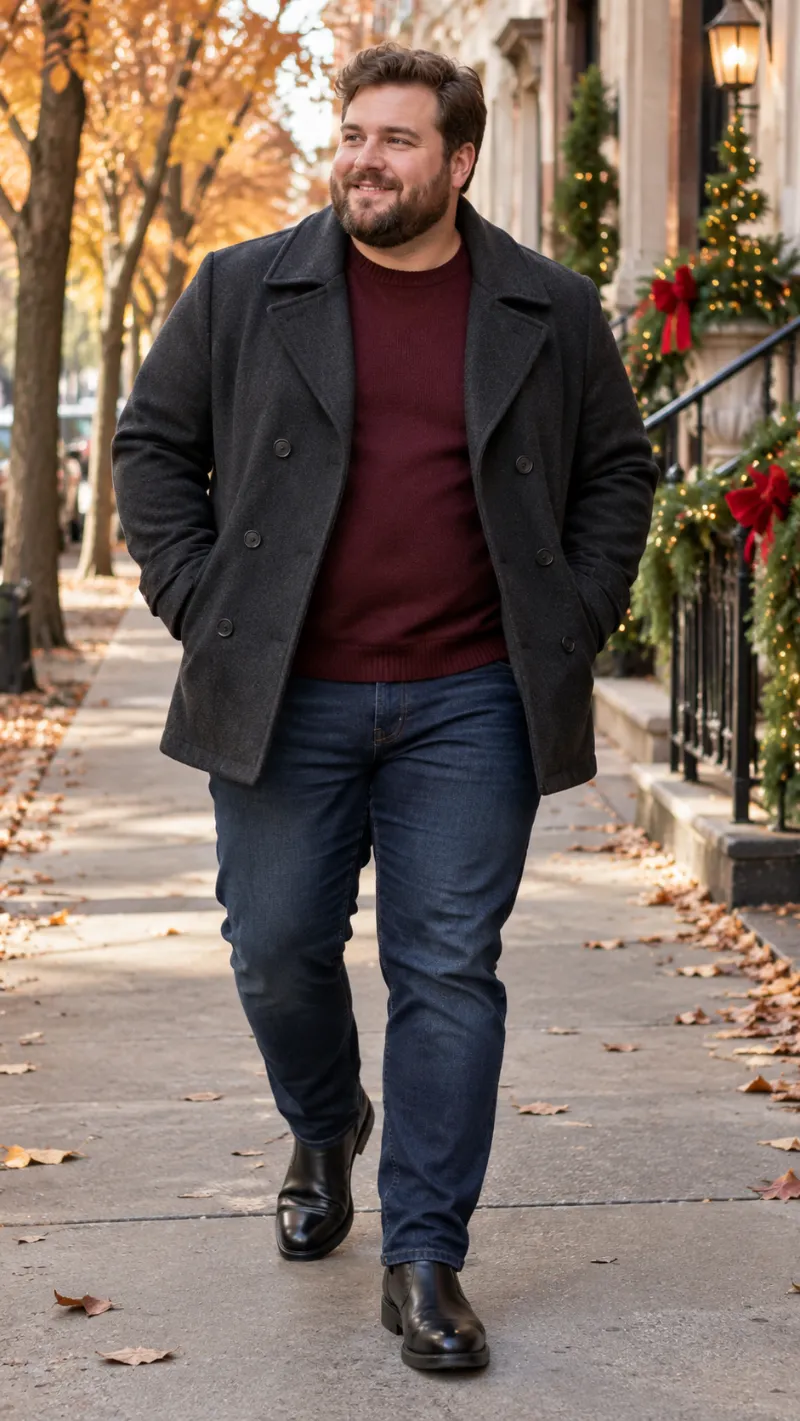 Peacoat, Sweater, Jeans, and Boots