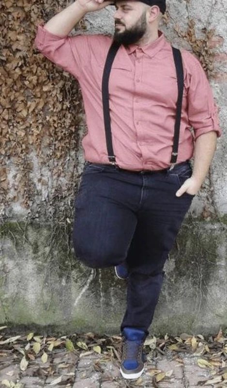 Pink Button-Down, Dark Jeans, and Black Suspenders