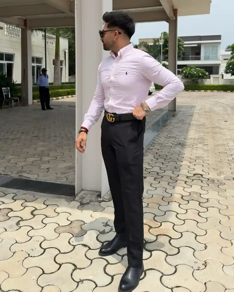 Pink Checkered Shirt and Black Trousers
