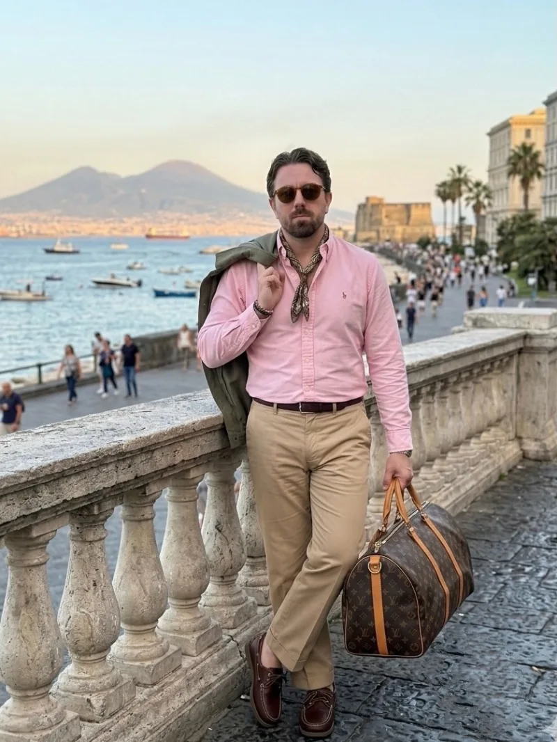 Pink Dress Shirt and Khaki Pants