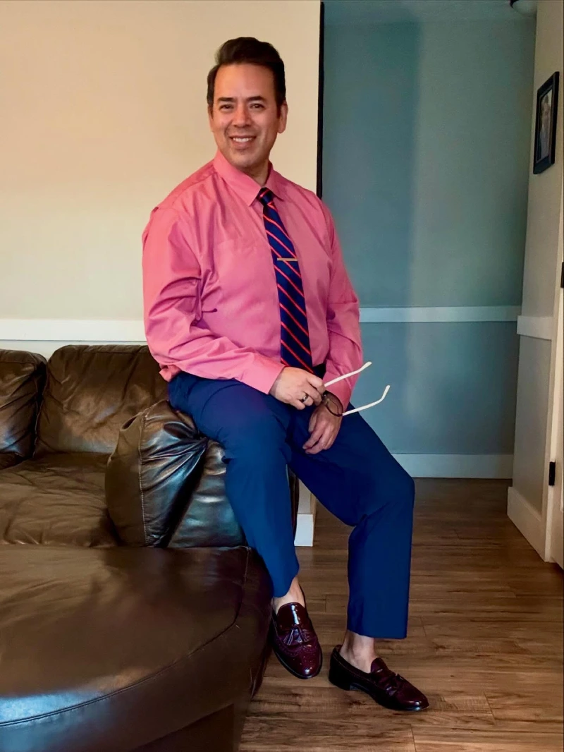 Pink Dress Shirt with Blue Dress Pants and Tie