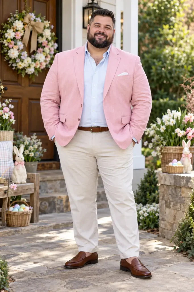 Pink Linen Blazer Over Light Blue Cotton