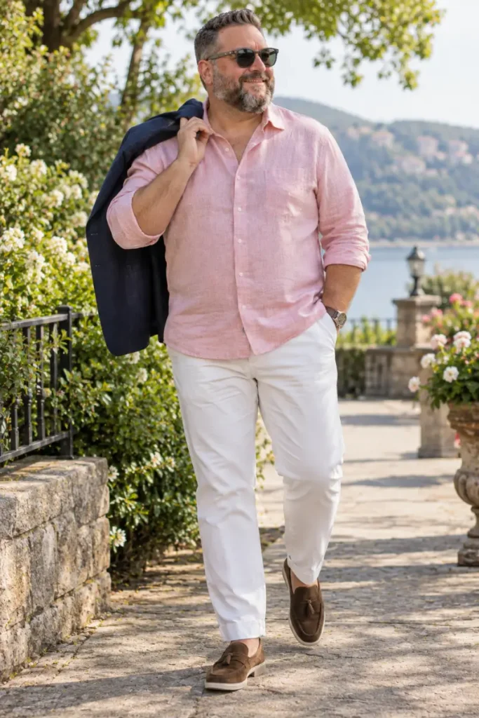 Pink Linen Shirt And White Trousers For Coastal Spring Days