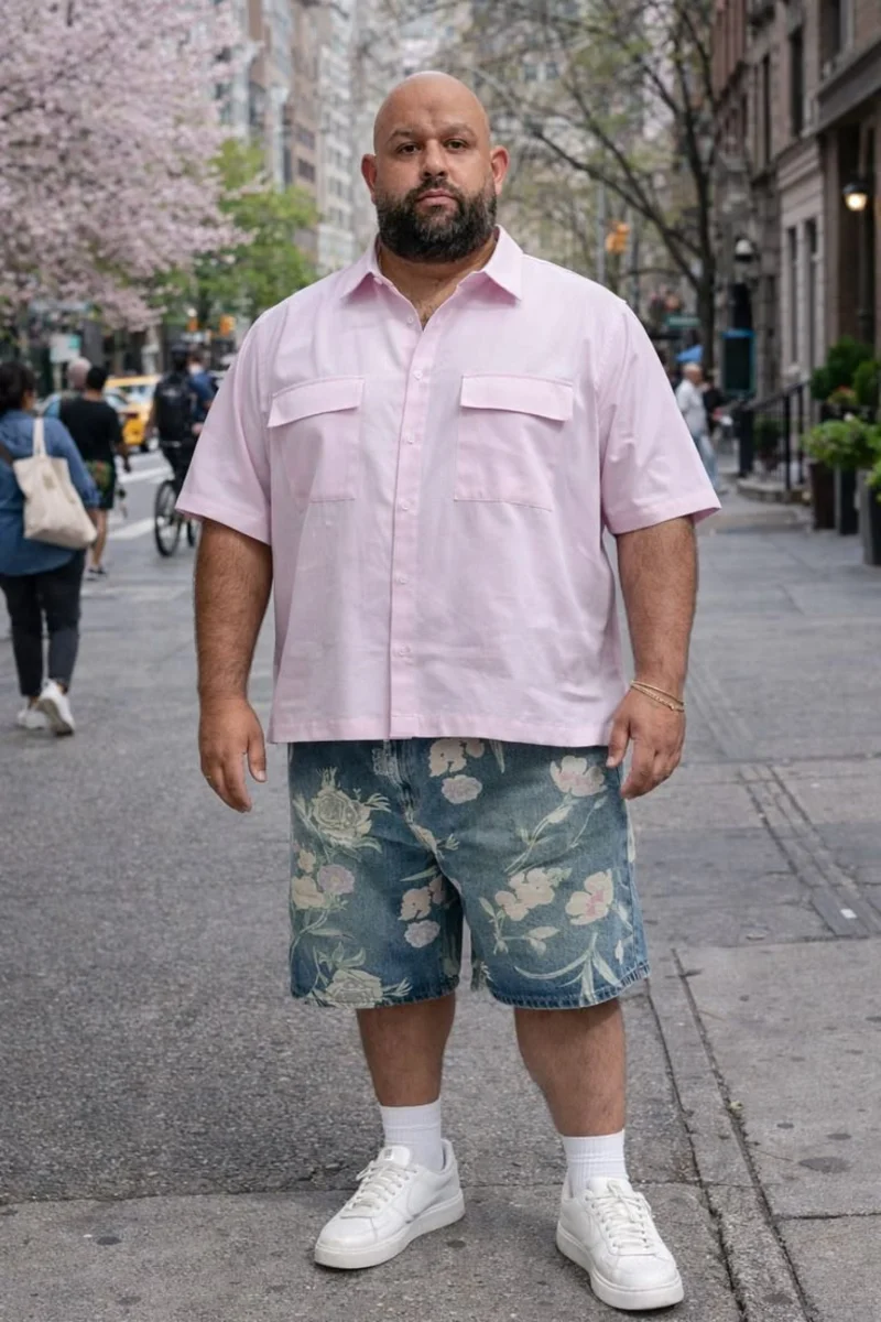 Pink Short-Sleeve Button-Down Shirt, Floral Denim Shorts, and White Sneakers