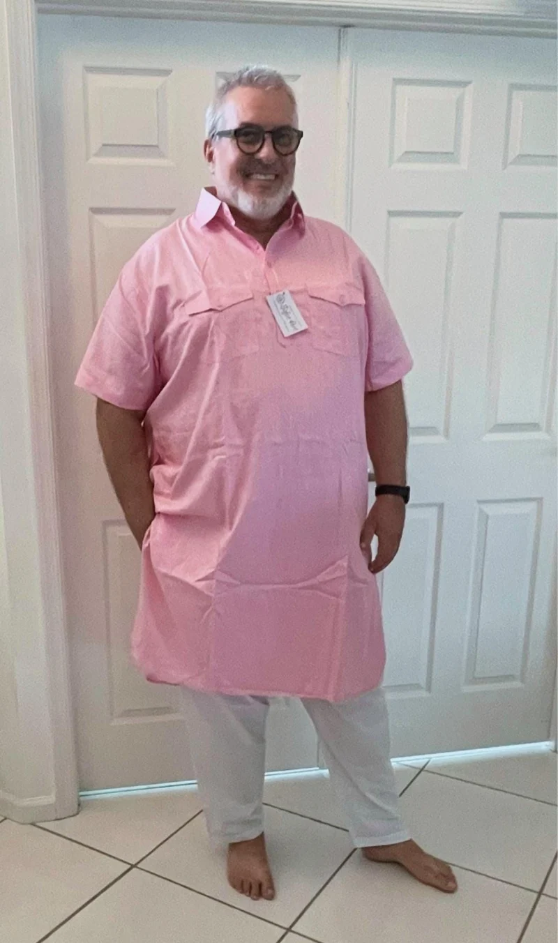Pink Short-Sleeved Kurta with White Trousers