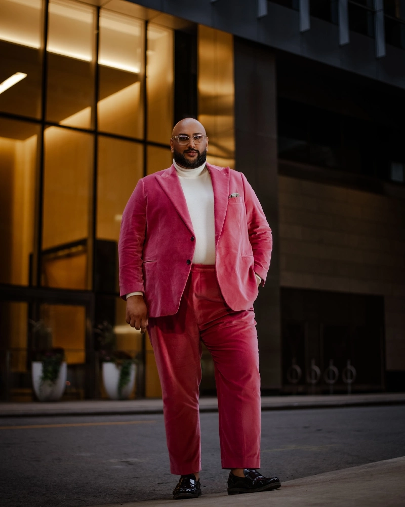 Pink Suit, White Turtleneck and Black Loafers