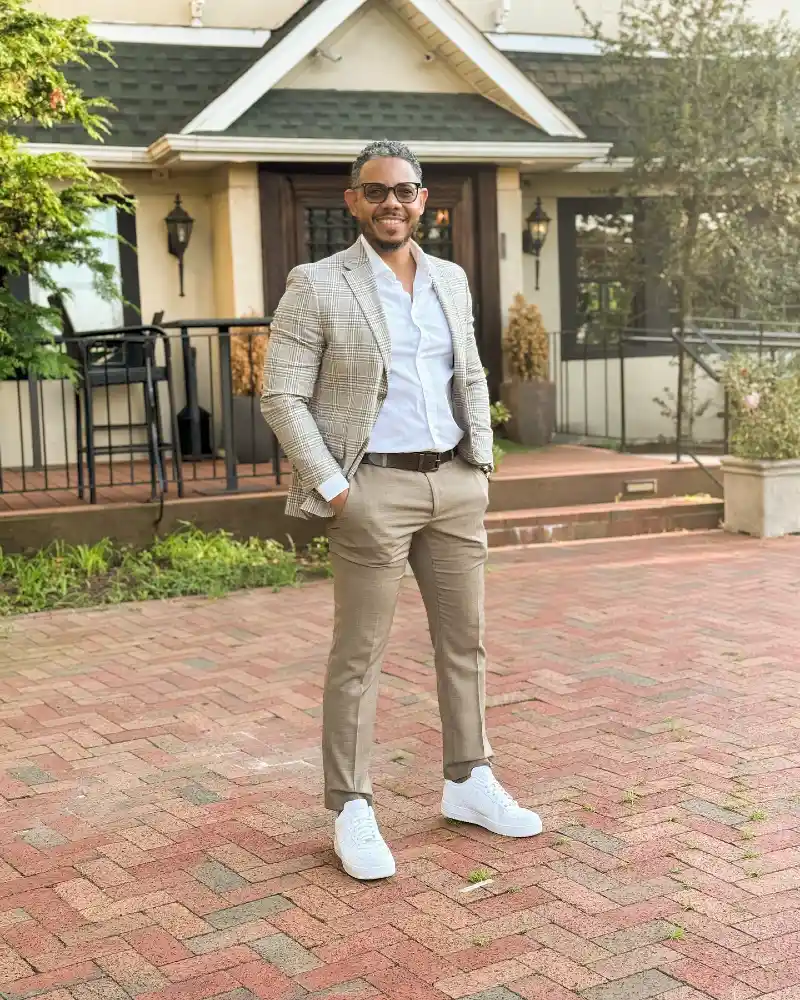 Plaid Blazer and Khaki Trousers