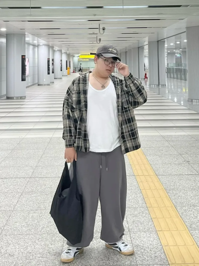 Plaid Button-Up Shirt, Tank Top, and Grey Sweatpants