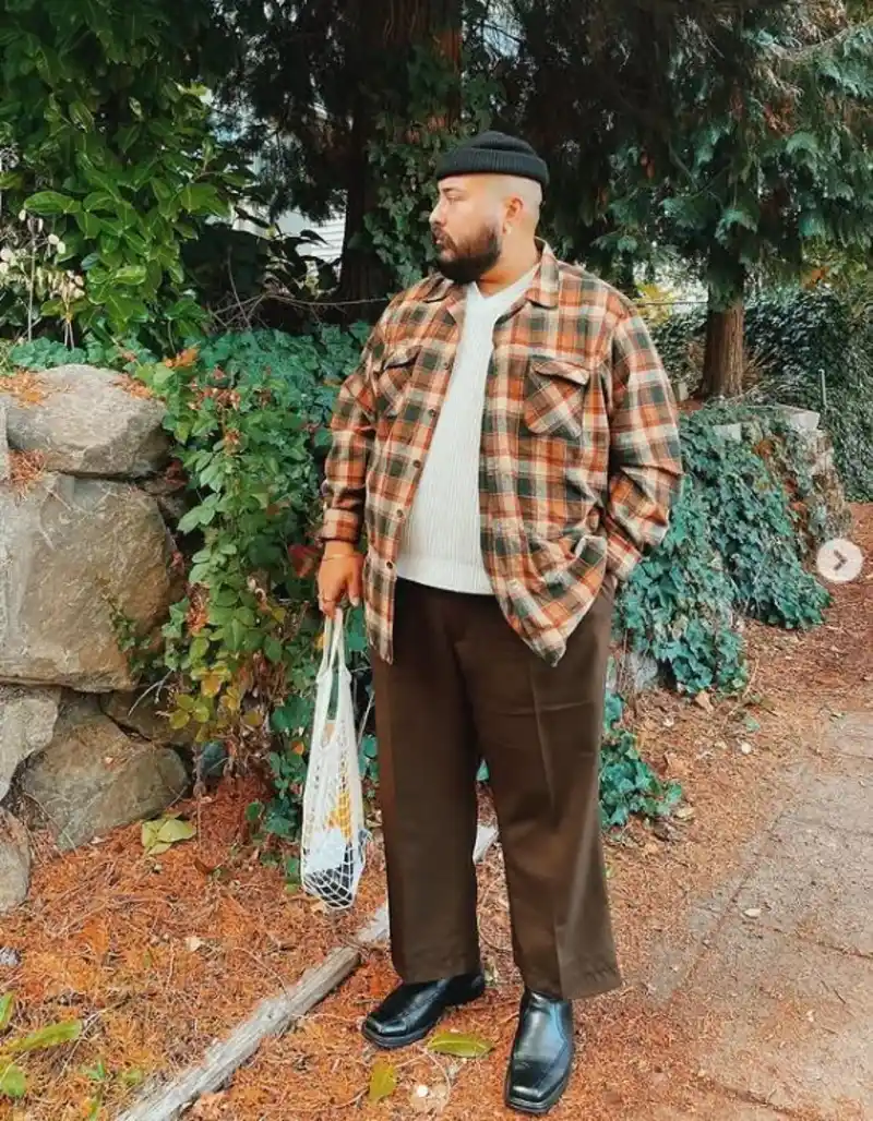 Plaid Flannel Layer with Dark Brown Trousers