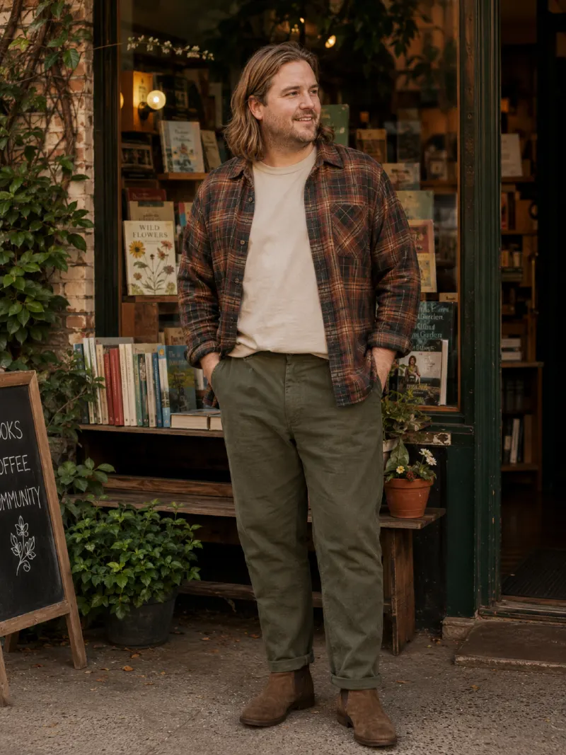Plaid Flannel Shirt, T-Shirt, and Chinos Outfit