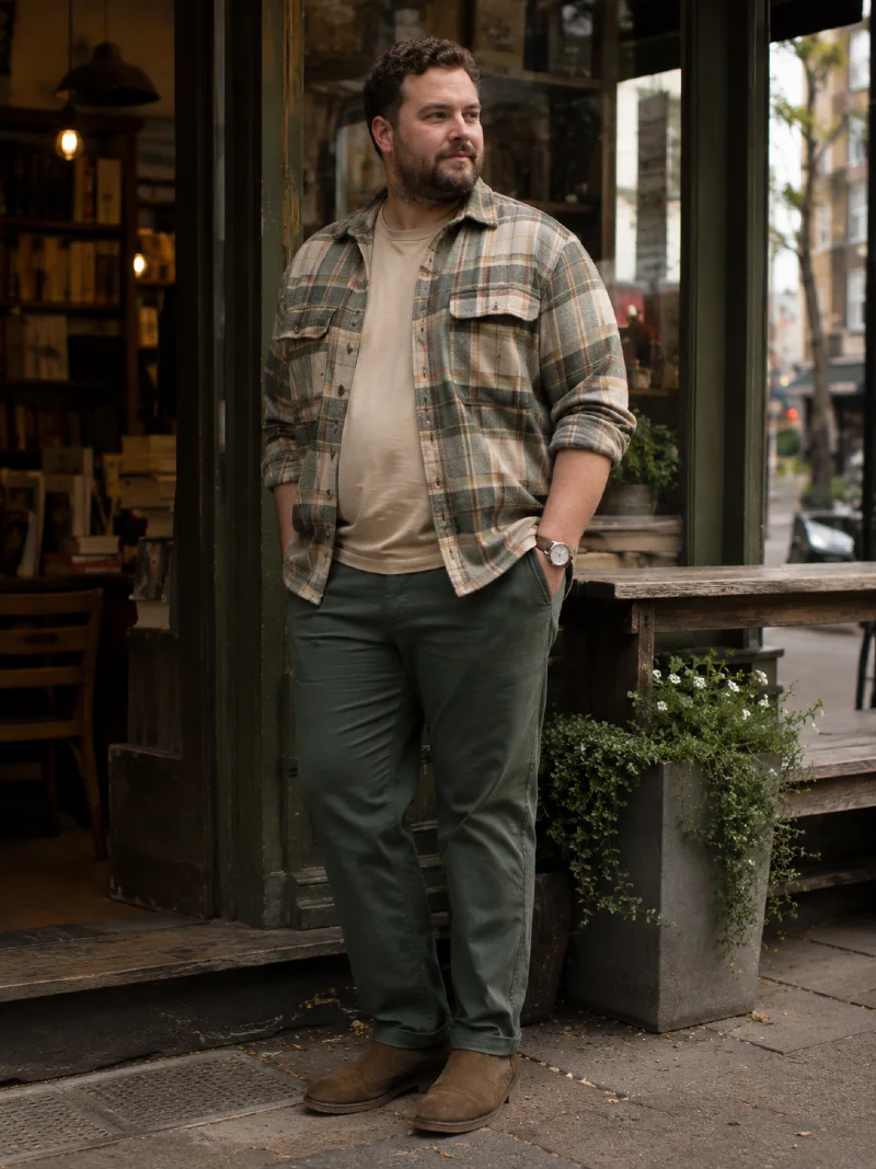 Plaid Flannel Shirt, T-Shirt, and Chinos Outfit