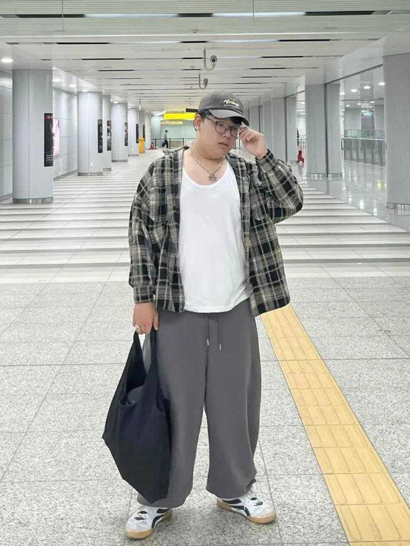 Plaid Flannel Shirt, White Tank Top, and Grey Sweatpants