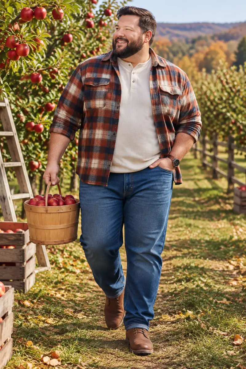 Plaid Overshirt, White Henley, Blue Jeans & Brown Boots Outfit