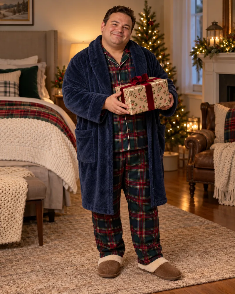 Plaid Pajama Set, Plush Navy Robe, and Brown Slippers