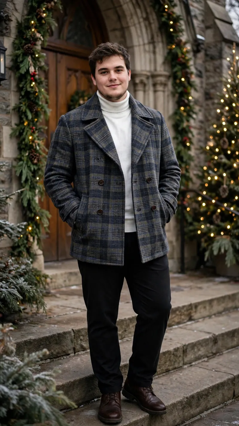 Plaid Pea Coat with White Turtleneck Sweater and Black Trousers