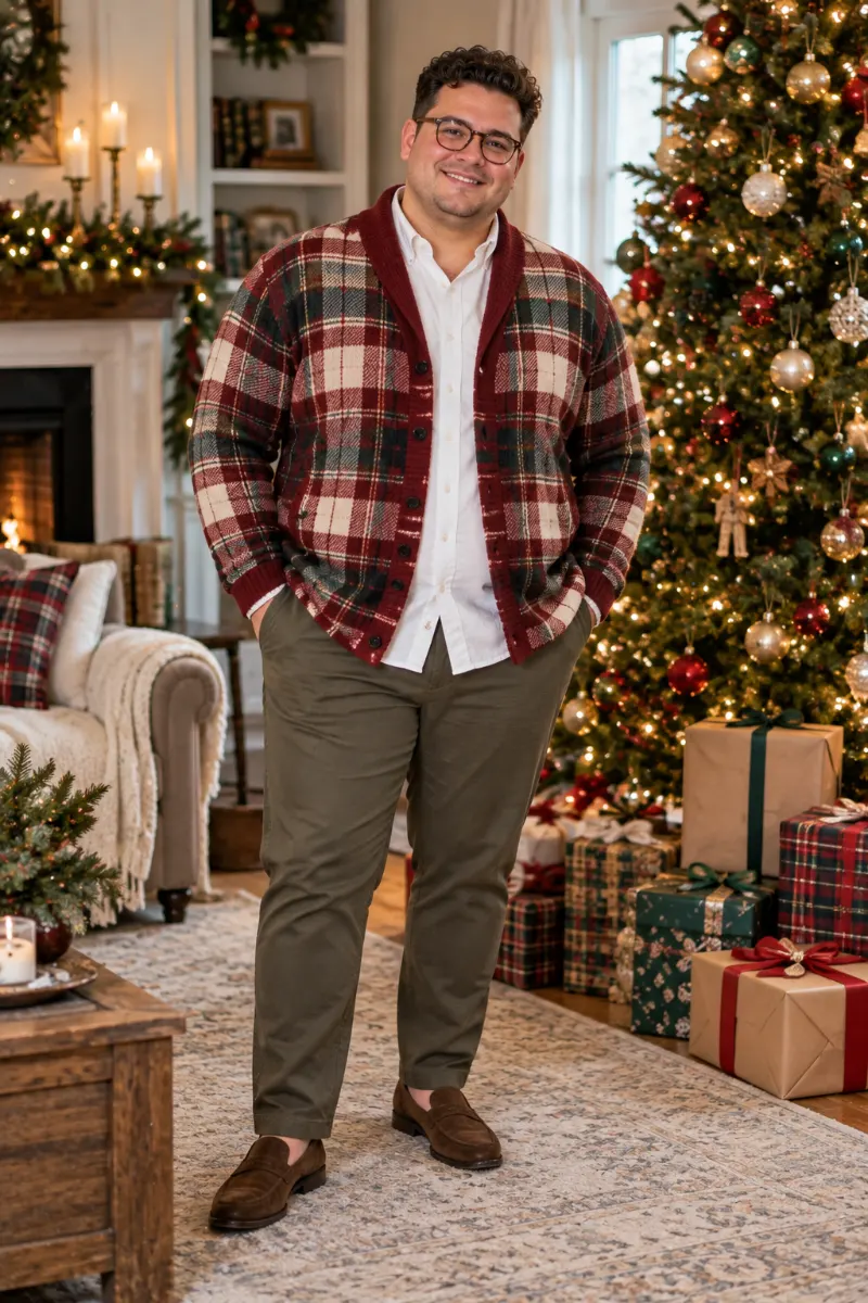 Plaid Shawl Cardigan with White Button-Down and Olive Chinos