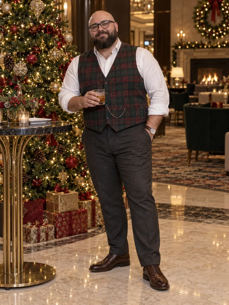 Plaid Tailored Vest with Crisp White Shirt and Charcoal Trousers