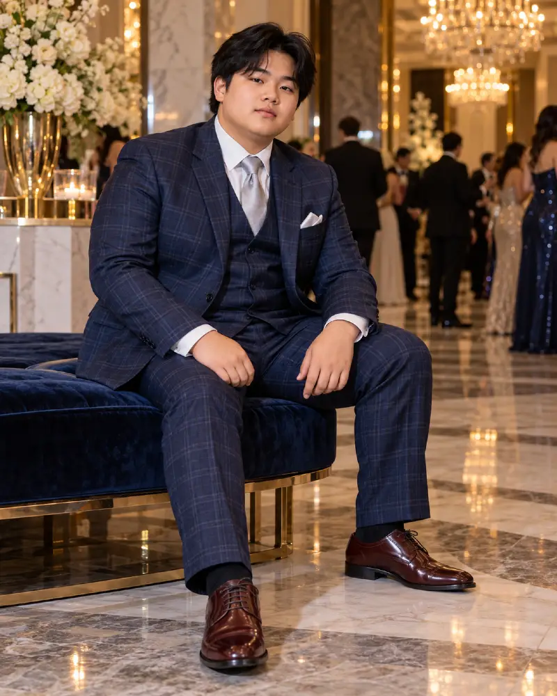 Plaid Three Piece Suit And Velvet Seating For Sophisticated Evening Style