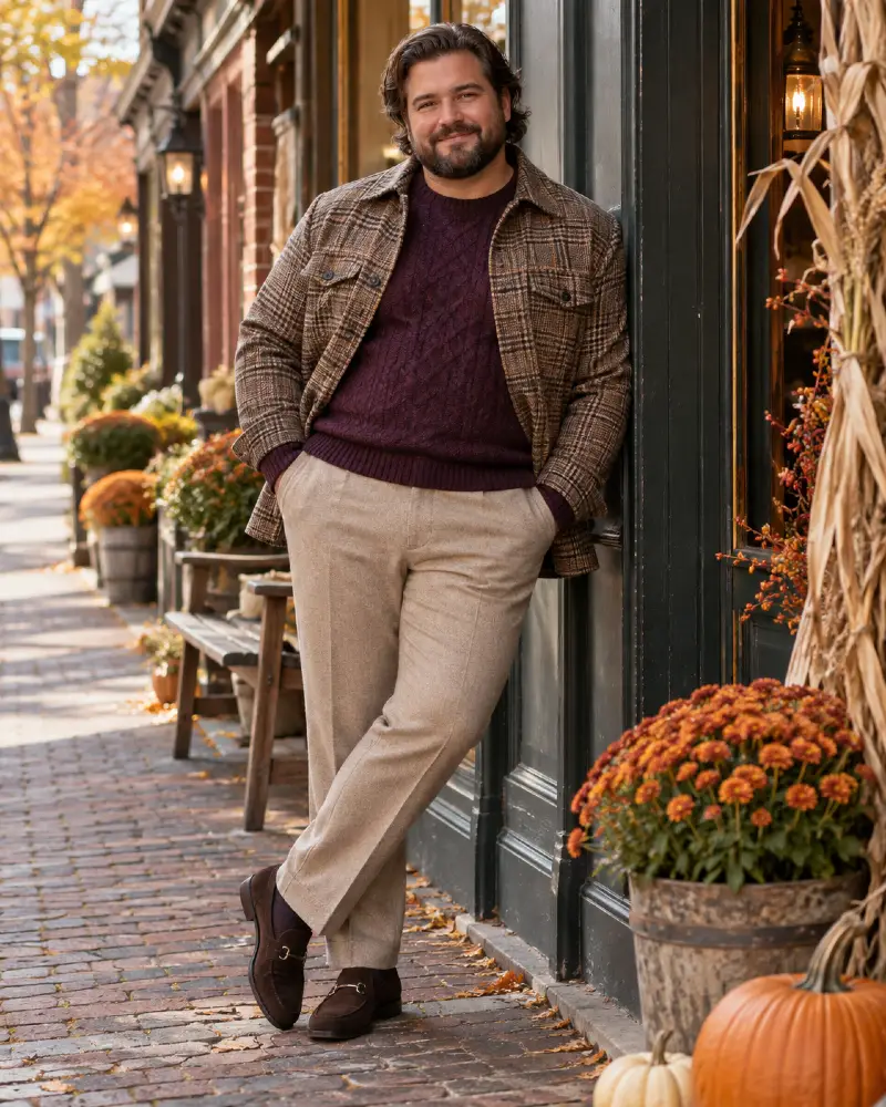 Plum Knit Under a Plaid Shirt Jacket