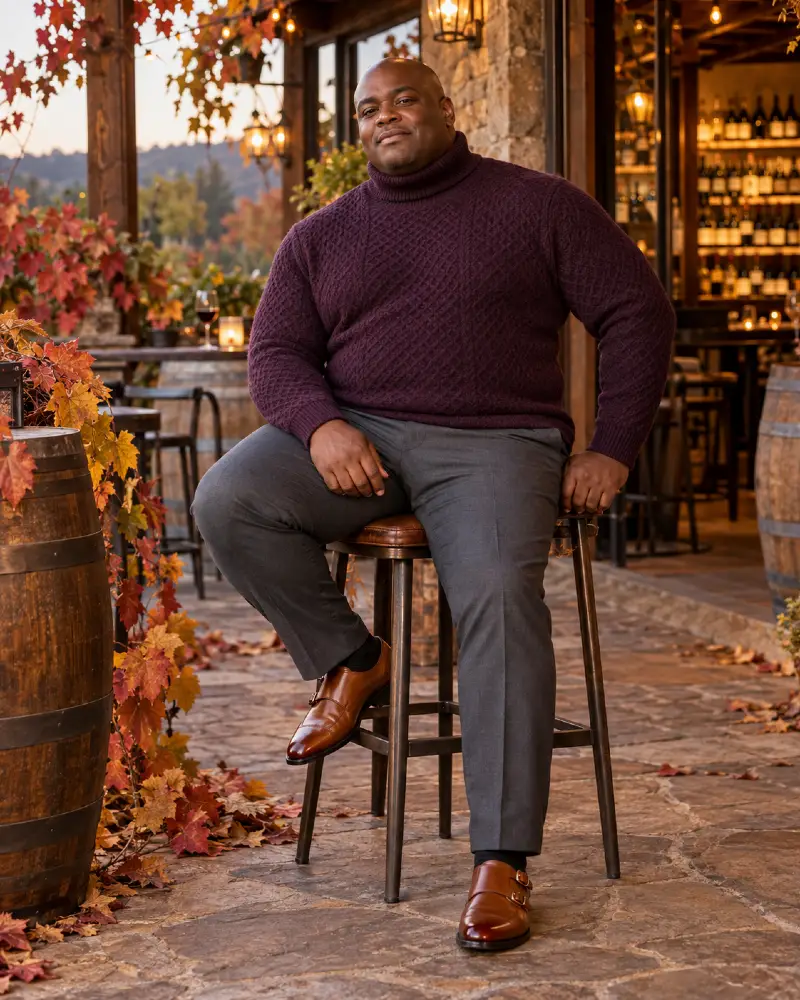 Plum Textured Turtleneck and Charcoal Trousers